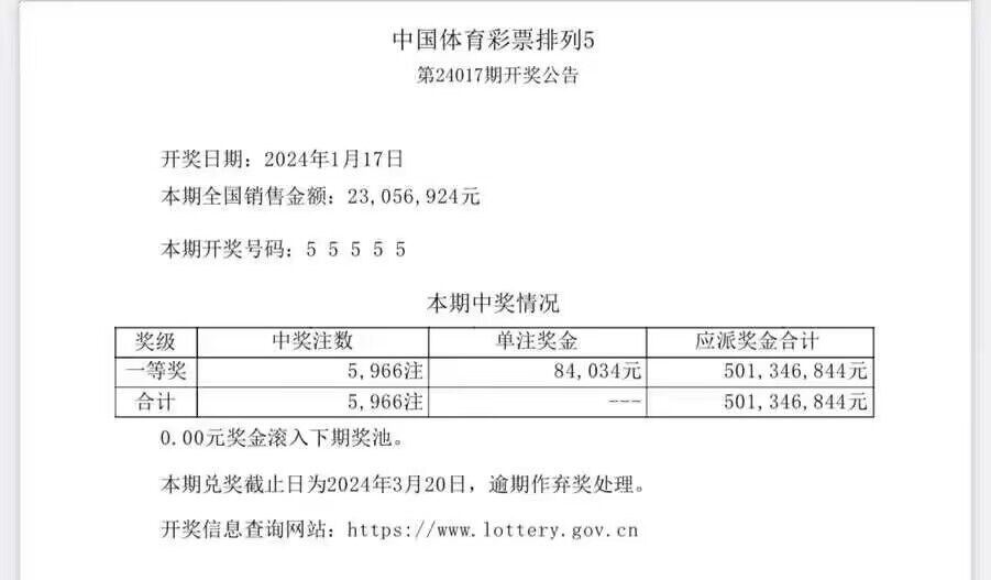 排列5中奖号码55555，累计下个池子奖金=01