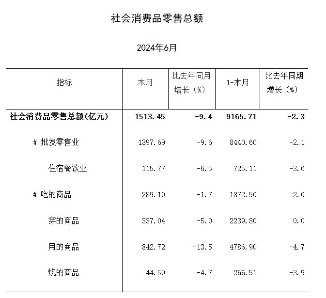 上海2024年6月社会消费品零售总额同比下降9.4%，上半年同比下降2.3%1