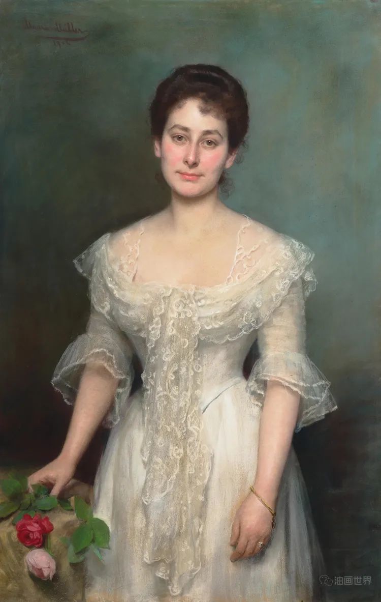 Life-size knee-length portrait of a brunette lady in a white lace dress, holding1