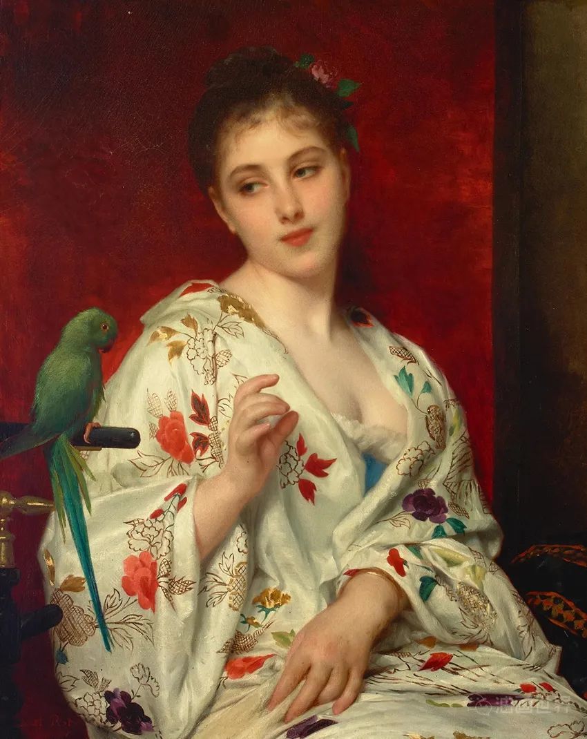 A portrait of a young woman in a floral robe with a parakeet1