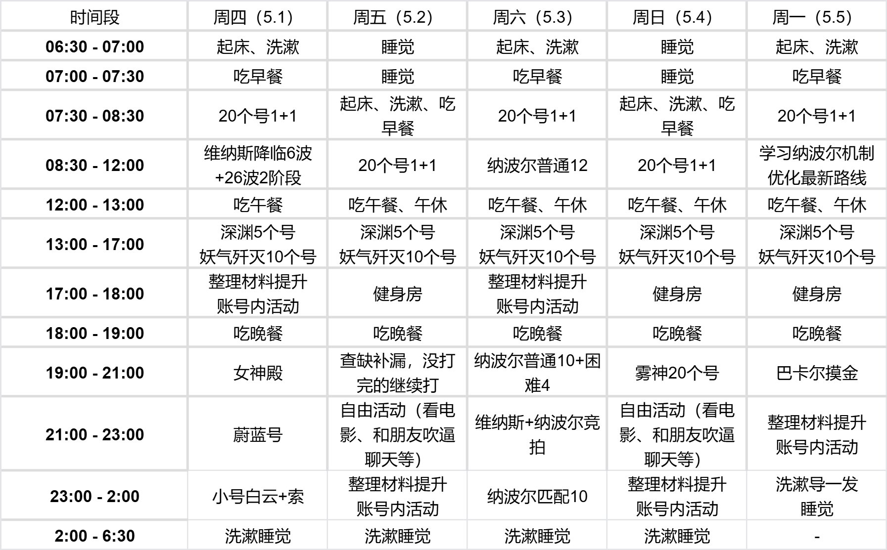 明天放假了，终于可以爽玩DNF了！看看我的日程表完美不？1