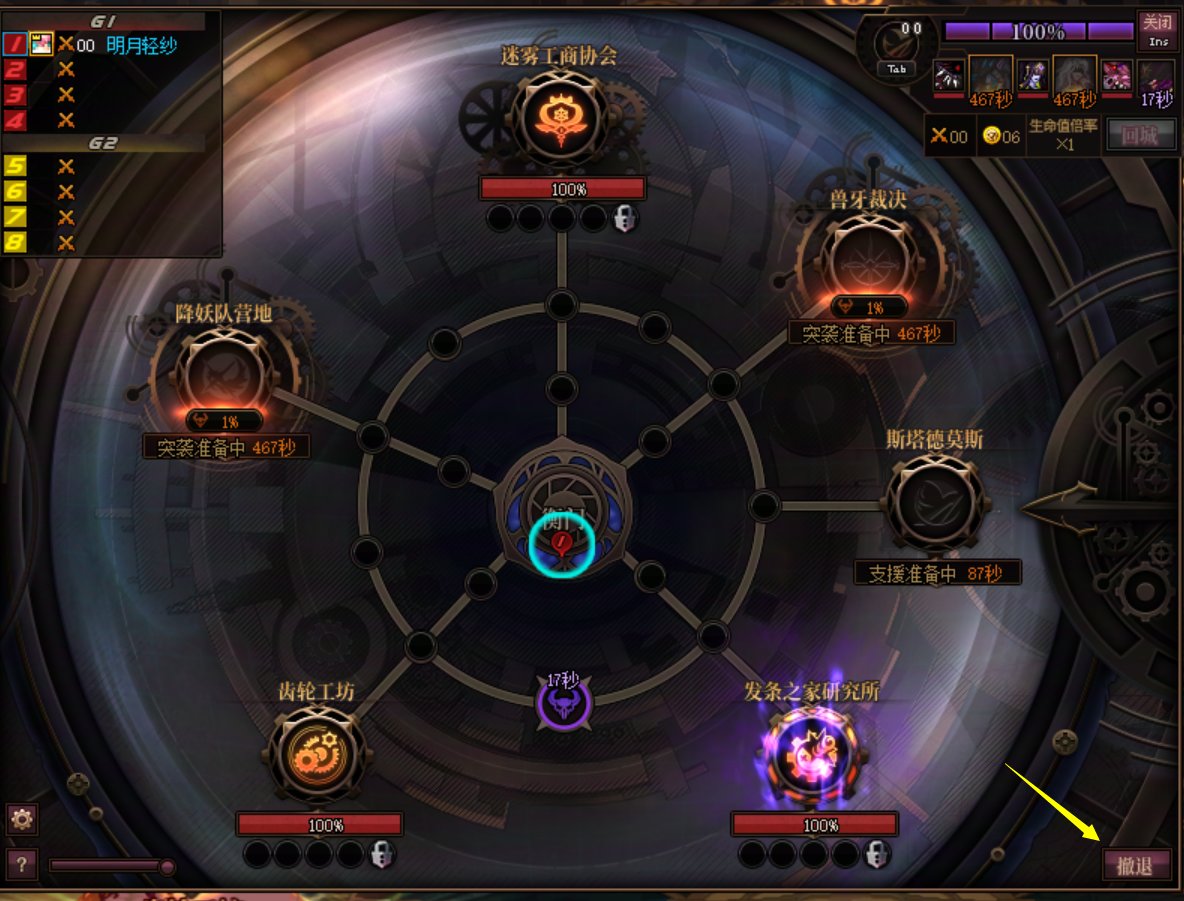 雾岚团本右上角【回城】不是撤退，队友掉线要点地图面板上的撤退才能邀请1